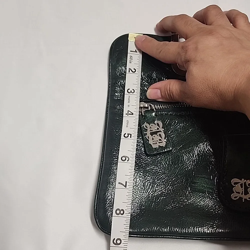 Leonello Borghi Y2K Style Dark Green Fold Over Clutch With Silvertone Hardware